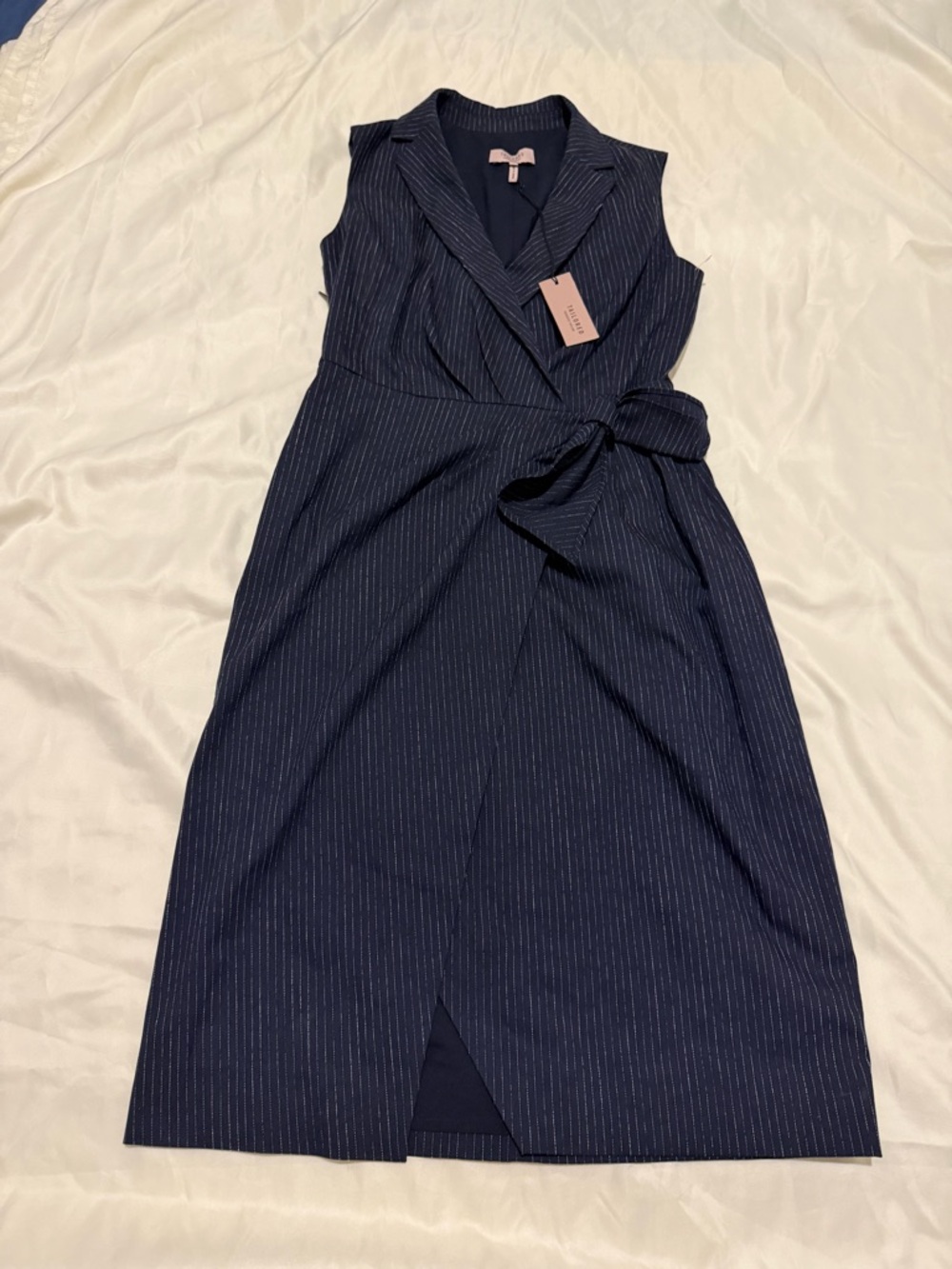 Sleeveless Navy Pinstripe Wrap-Front Mini Dress, SZ 0, NWT - Picture 12 of 14